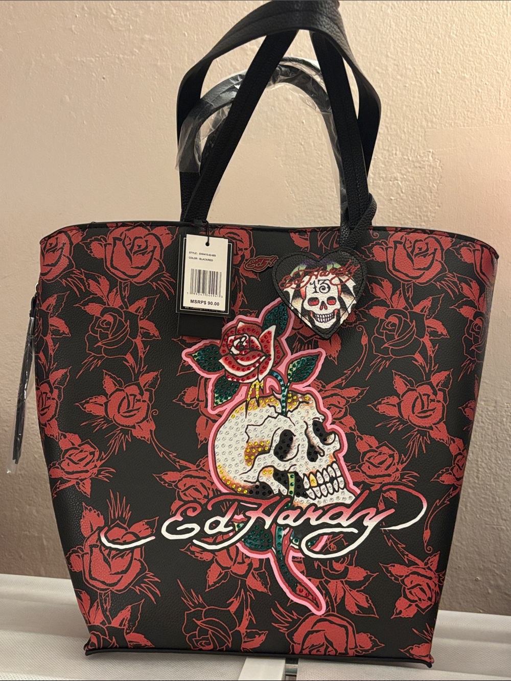Ed Hardy Black and Red Rose Skull Sequin Tote NWT